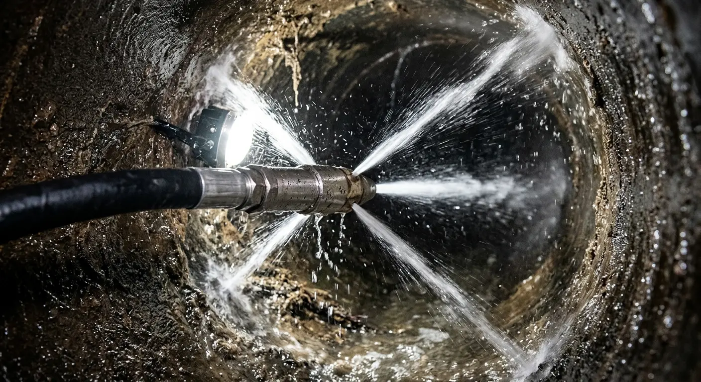 High-pressure hydro jetting nozzle cleaning sewer pipe for Trenchless Sewer Repair in Todd Creek