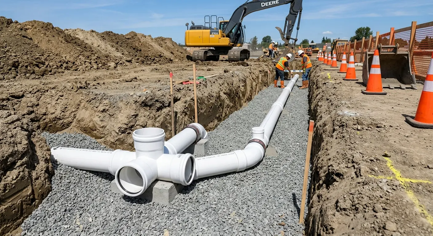 New PVC sewer pipe installation in open trench for Sewer Backup in Todd Creek