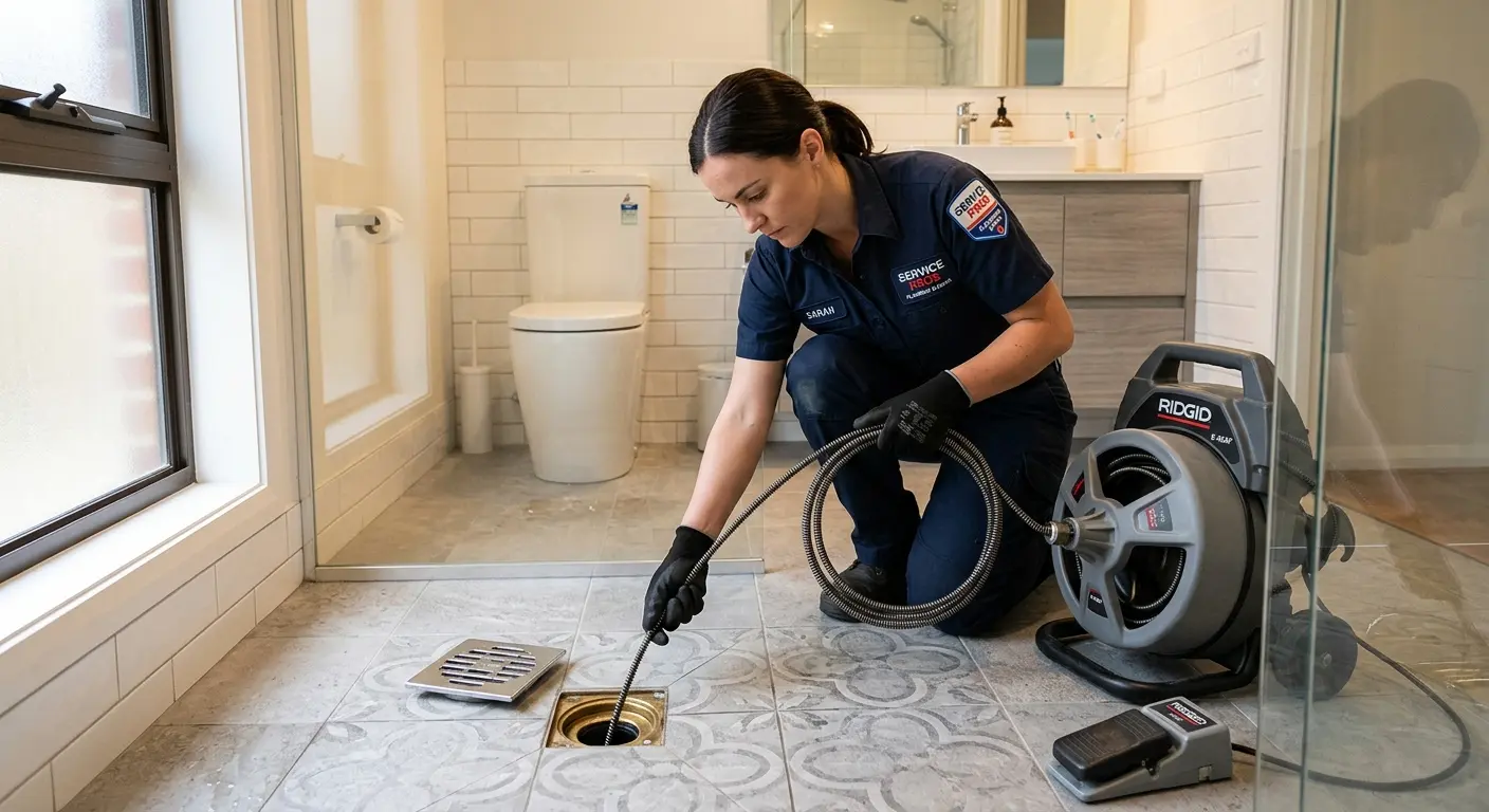 Technician clearing a bathroom floor drain for Drain Cleaning in Todd Creek
